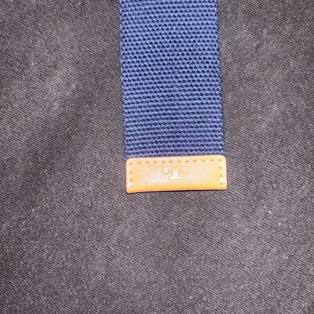 Tory Burch White Crossbody Belt Bag with Navy Strap and Multicolor Logo, worn 1 - Picture 3 of 3
